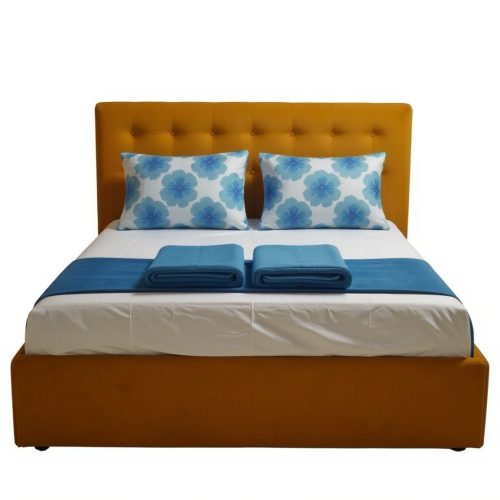 Pat tapițat Karl Mosen cu somieră rabatabilă, ladă de depozitare și saltea – culoare muștar vedere din față