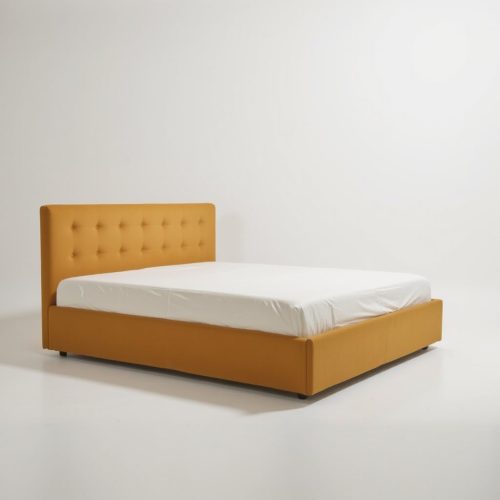 Pat tapițat Karl Mosen cu somieră rabatabilă, ladă de depozitare și saltea – culoare muștar văzut din lateral