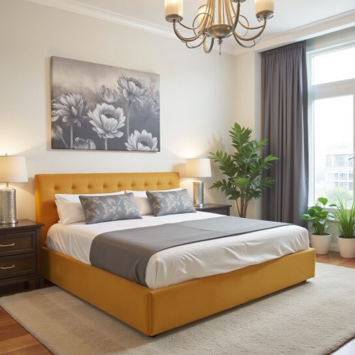 Pat tapițat Karl Mosen cu somieră rabatabilă, ladă de depozitare și saltea – culoare muștar amenajare cameră