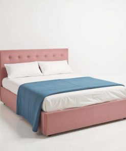 Pat tapițat Karl Mosen cu somieră rabatabilă, ladă de depozitare și saltea – culoare roz