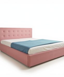 Pat tapițat Karl Mosen cu somieră rabatabilă, ladă de depozitare și saltea – culoare roz cuvertură albastră