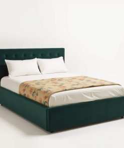 Pat tapițat Karl Mosen cu somieră rabatabilă, ladă de depozitare și saltea – culoare verde închis
