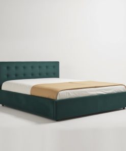Pat tapițat Karl Mosen cu somieră rabatabilă, ladă de depozitare și saltea – culoare verde închis cu cuvertură bej