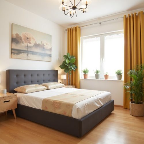 Pat tapitat Karl Mosen cu somiera rabatabila si ladă de depozitare - culoare gri închis - propunere pentru amenajarea dormitorului